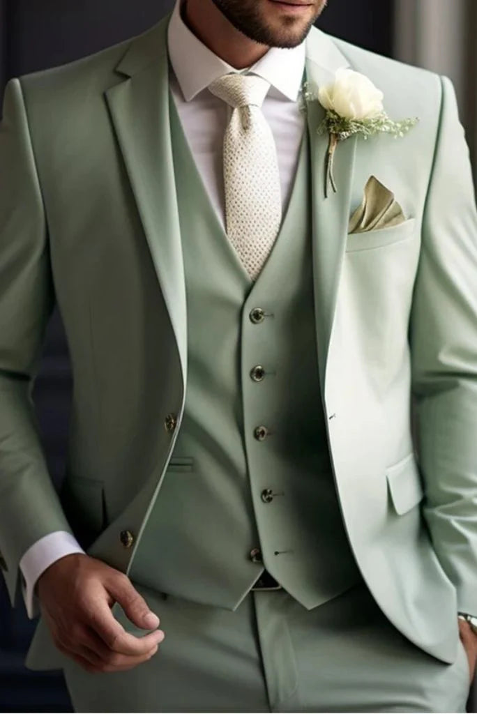 Men’s sage green three-piece suit with blazer, vest, and trousers for formal occasions