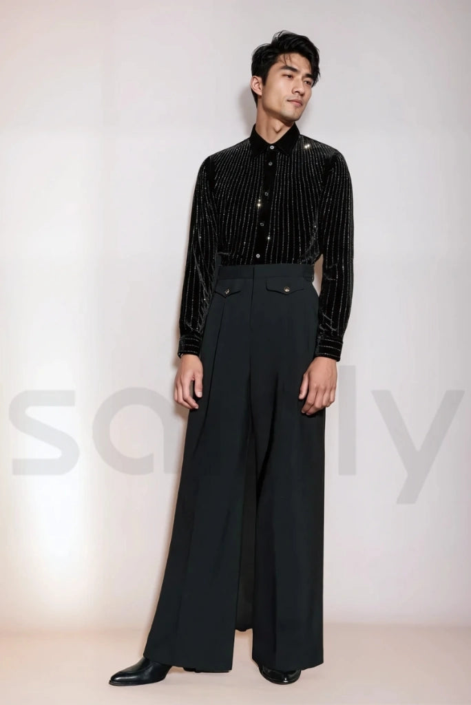 Black wide-leg bell bottom trousers for men – trendy flare fit for casual and party wear-front