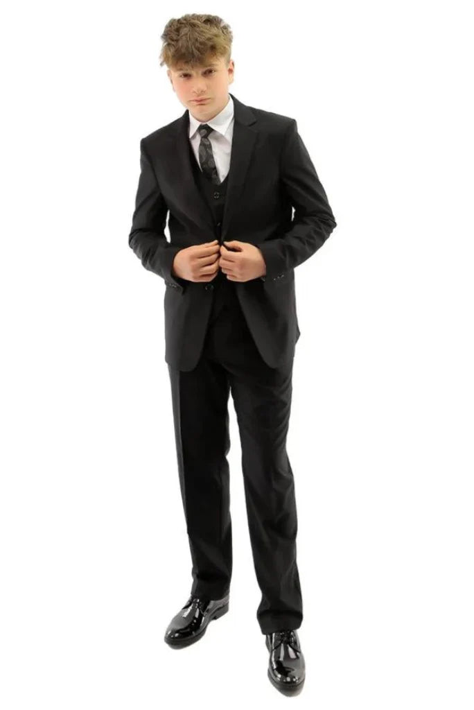 Boy black three piece formal suit-front
