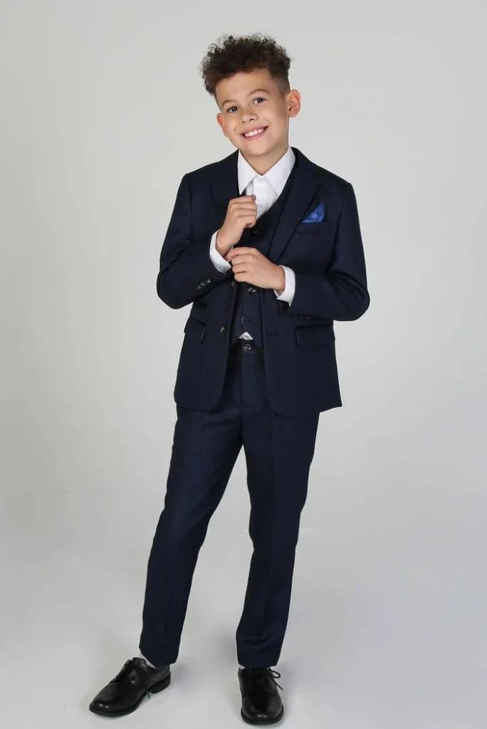 Boy navy blue three piece suit formal-front