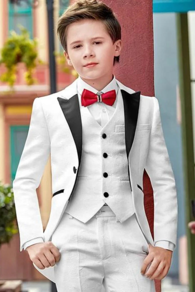 Boys white three piece suit tuxedo-front