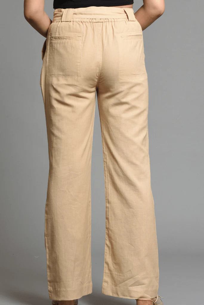 Women cream cotton linen trousers with wide leg fit