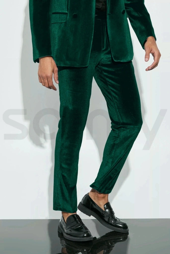 Wedding groomsmen wear – men’s emerald green velvet dress pants for formal events-front