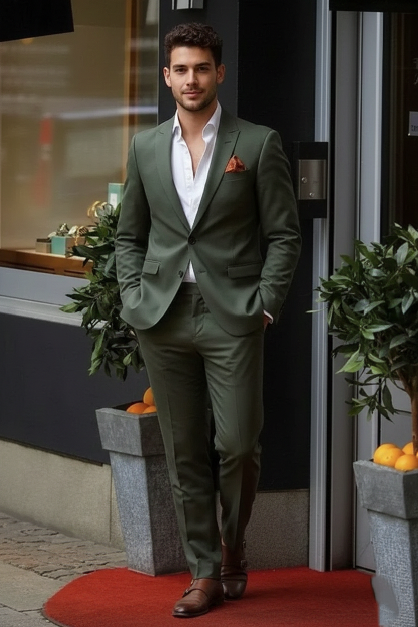 Olive Green Two-Piece Suit for Men(Front)