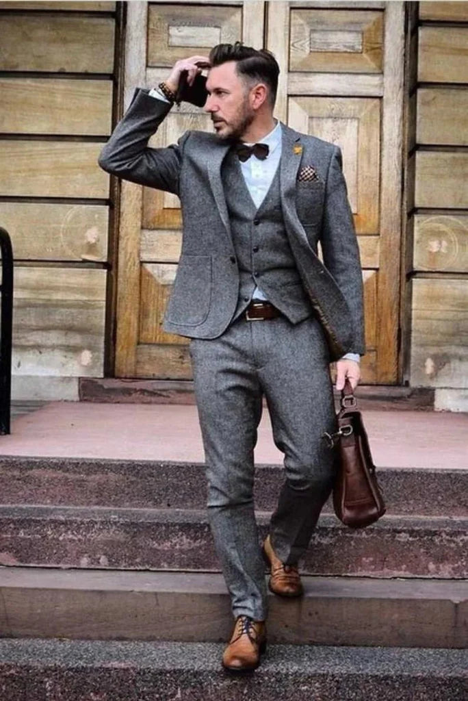 Grey tweed suit for men-front