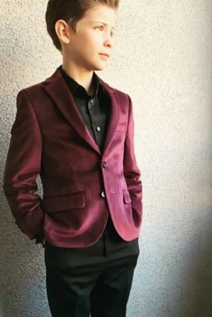 Kids wine velvet blazer-front