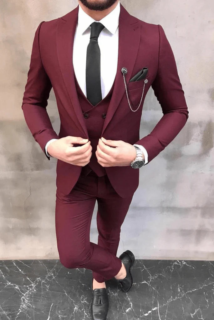 Burgundy Three Piece Suit For Men 
