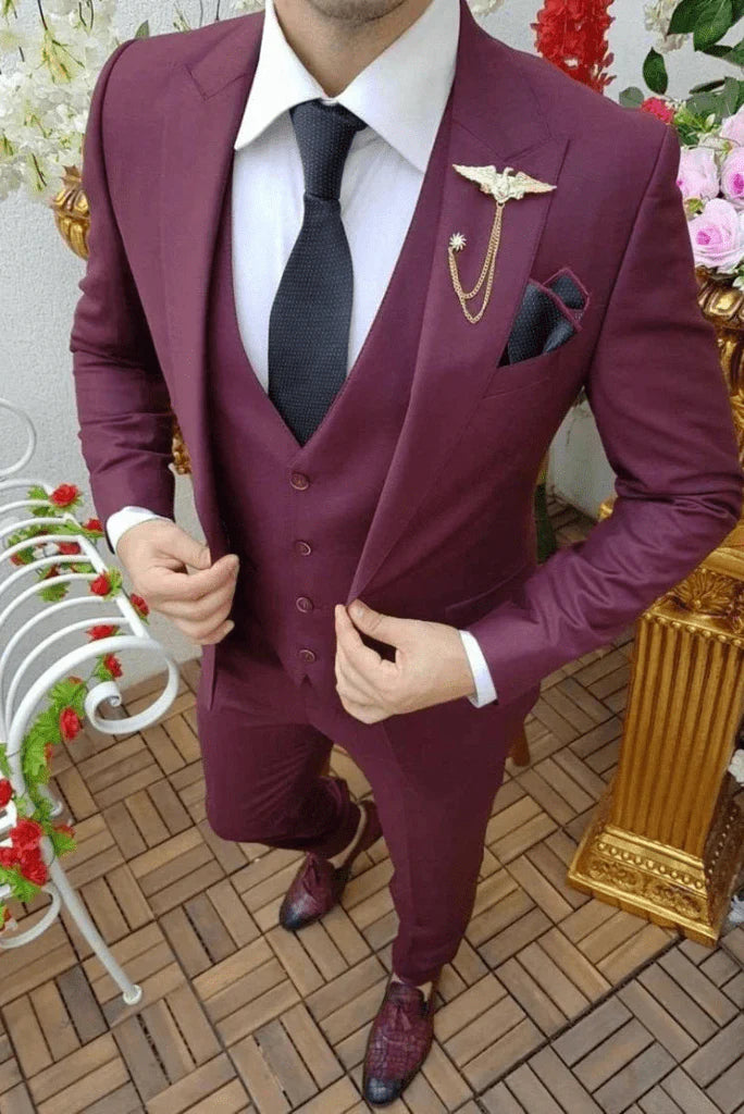 Man Three Piece Maroon Suit 