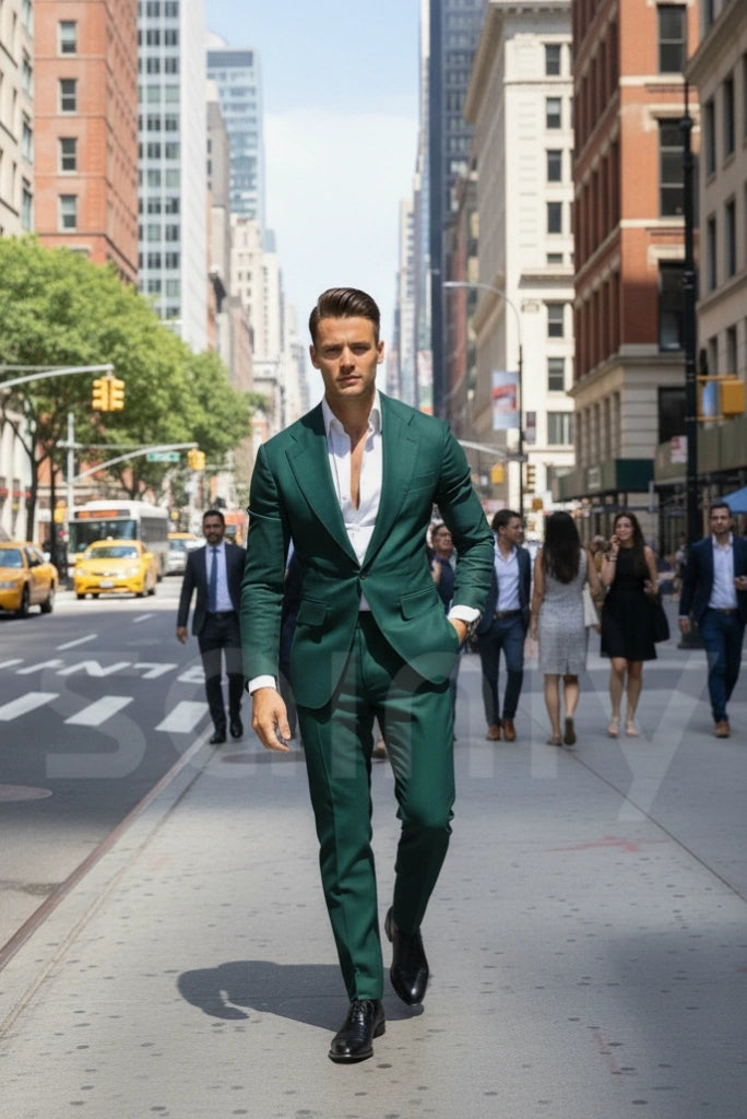 Stylish men wearing green formal suit-front