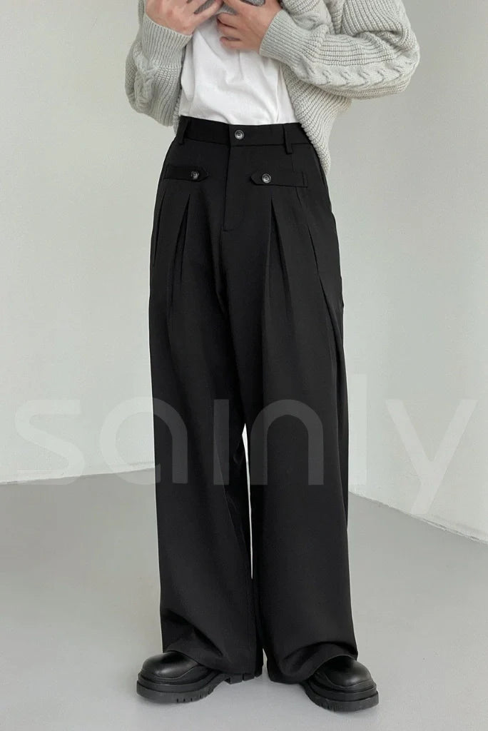 Men Black High Waist Flare Trousers-Front