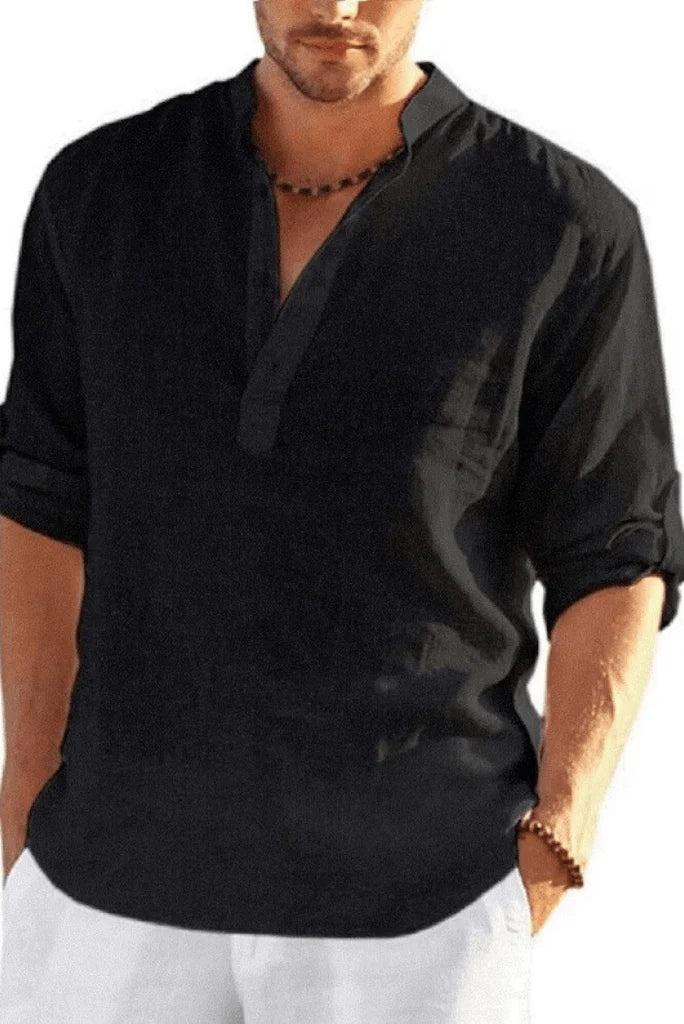 Men Black Cotton Linen Shirt-Front