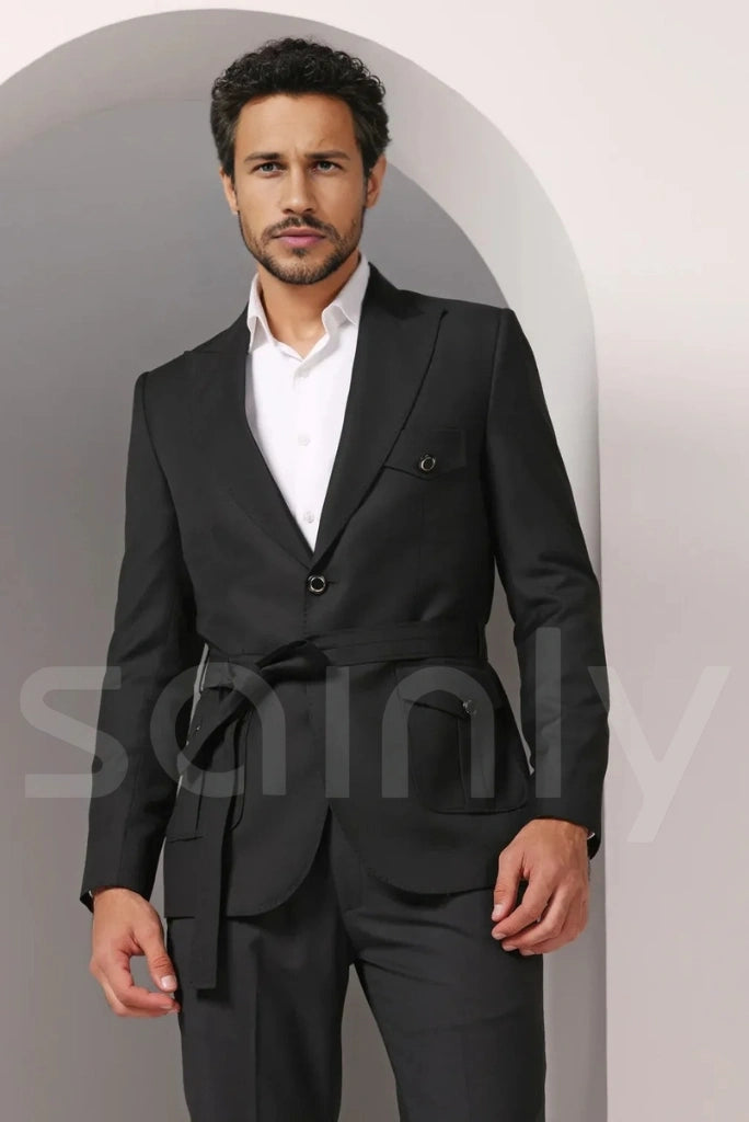 Black suit with a stylish belt-front