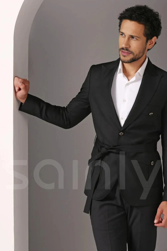 Trendy black belted suit perfect for formal occasions-side
