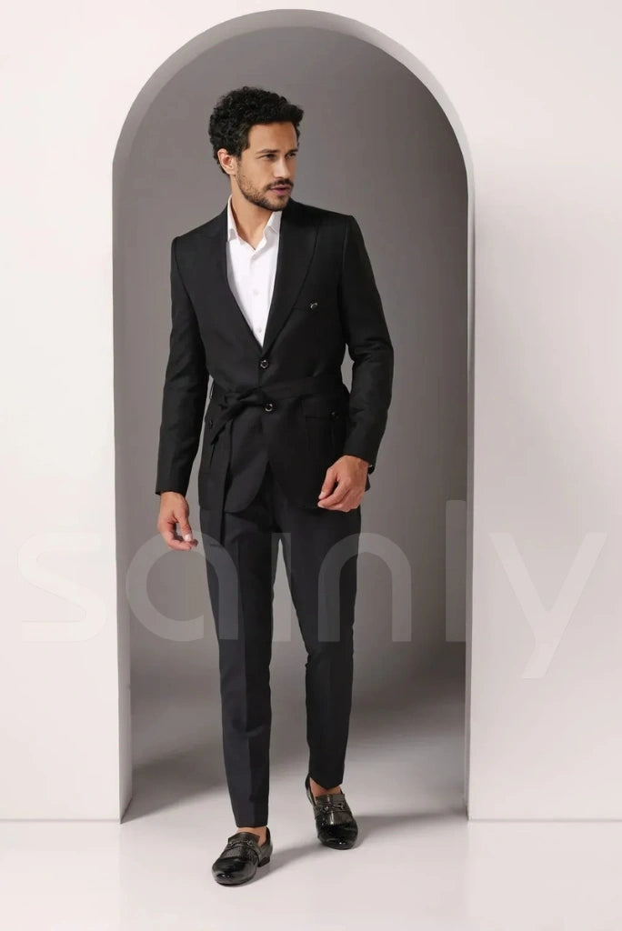 Black belted suit ideal for business meetings and events-front
