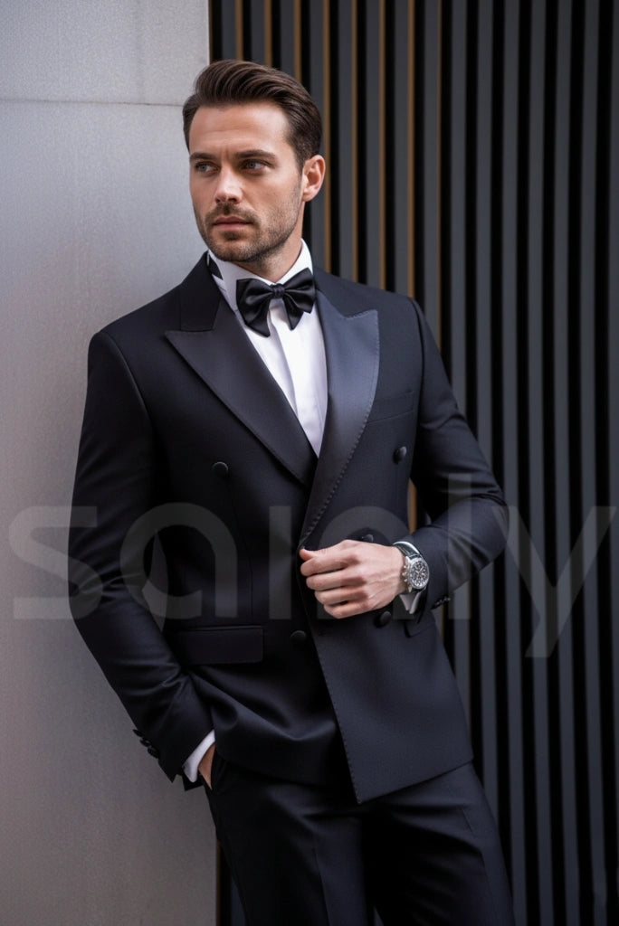 Classic men’s black double breasted formal suit-side