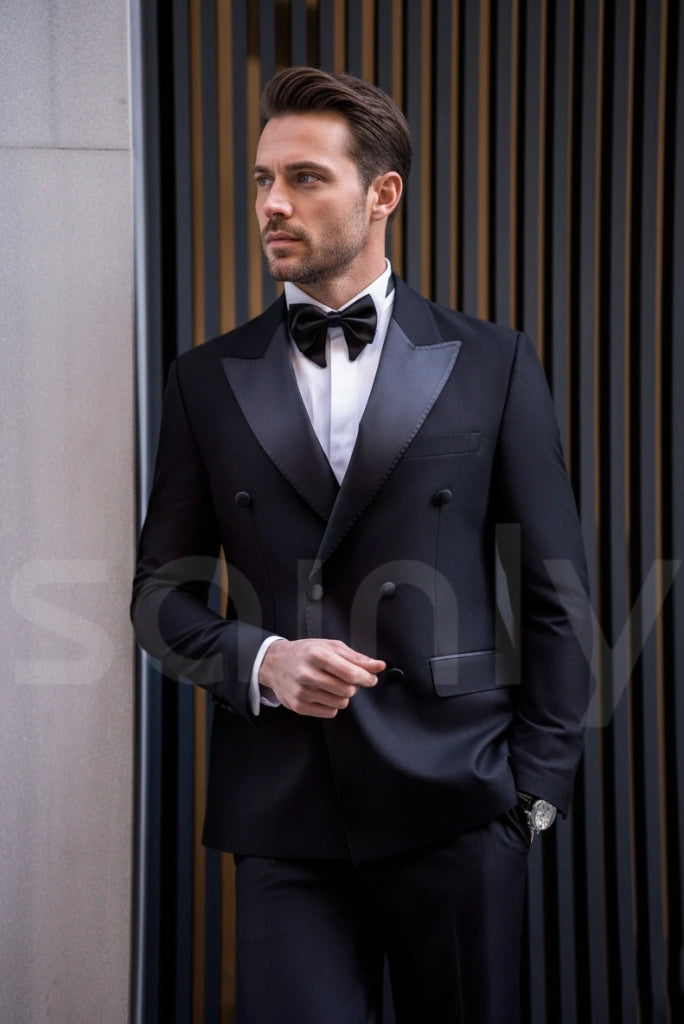 Stylish black double breasted party wear suit for men-front