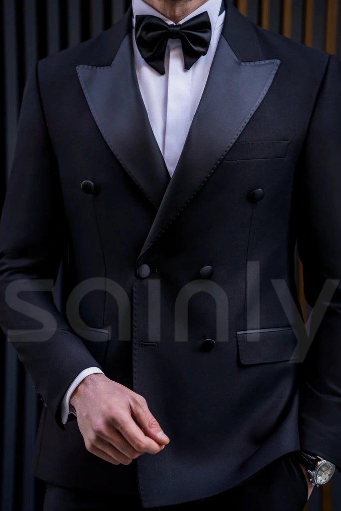 Elegant black double breasted suit for groom reception-front