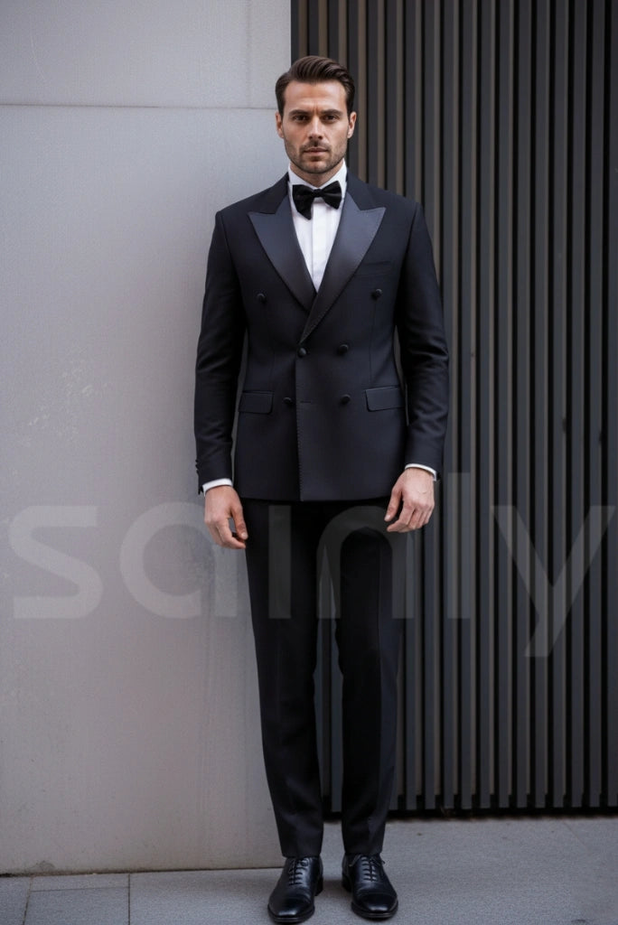 Men’s black double breasted suit for wedding wear-front