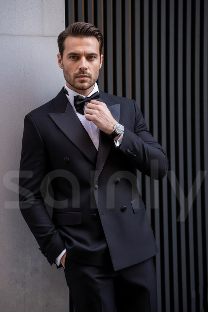Stylish black double breasted party wear suit for men-side