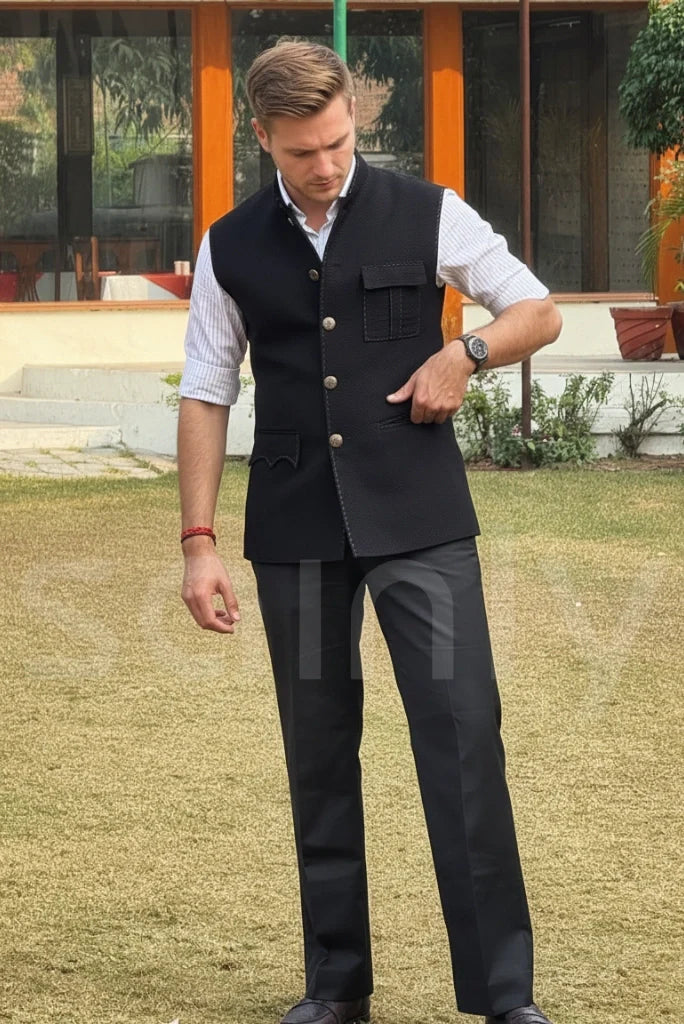 Men black nehru modi jacket for formal events-side