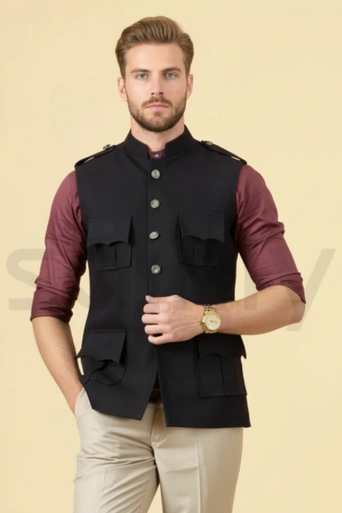 Black hunter jacket material and pockets – functional design-front