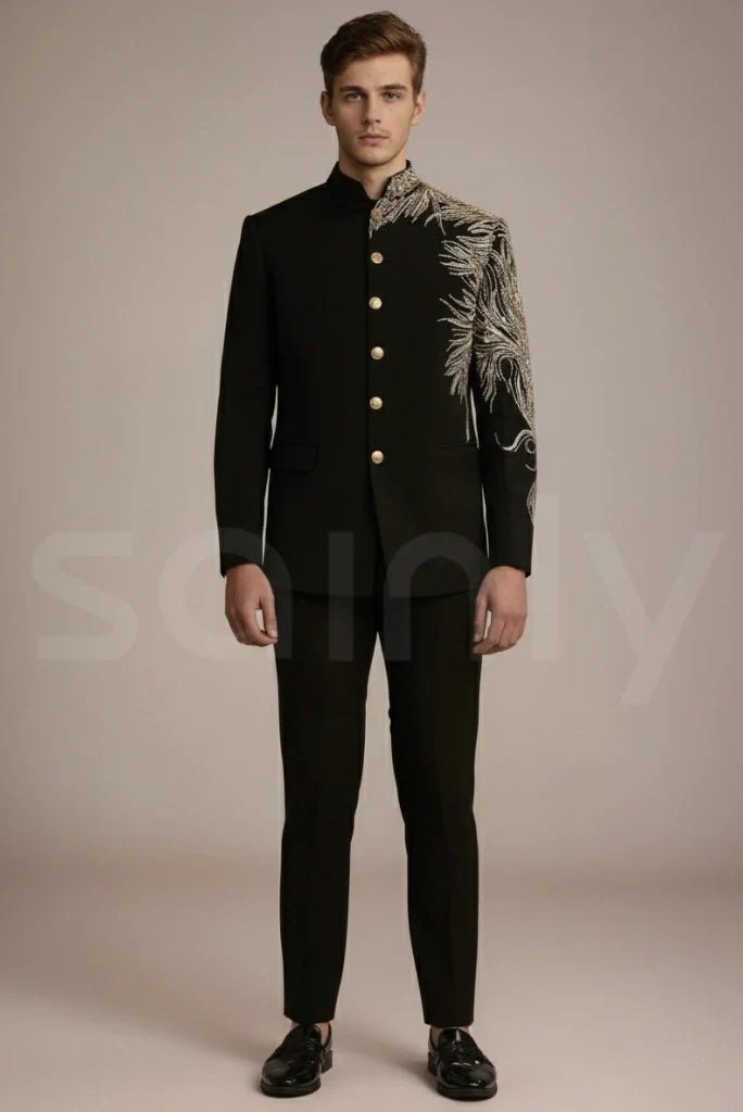 Men black embroidery suit -front