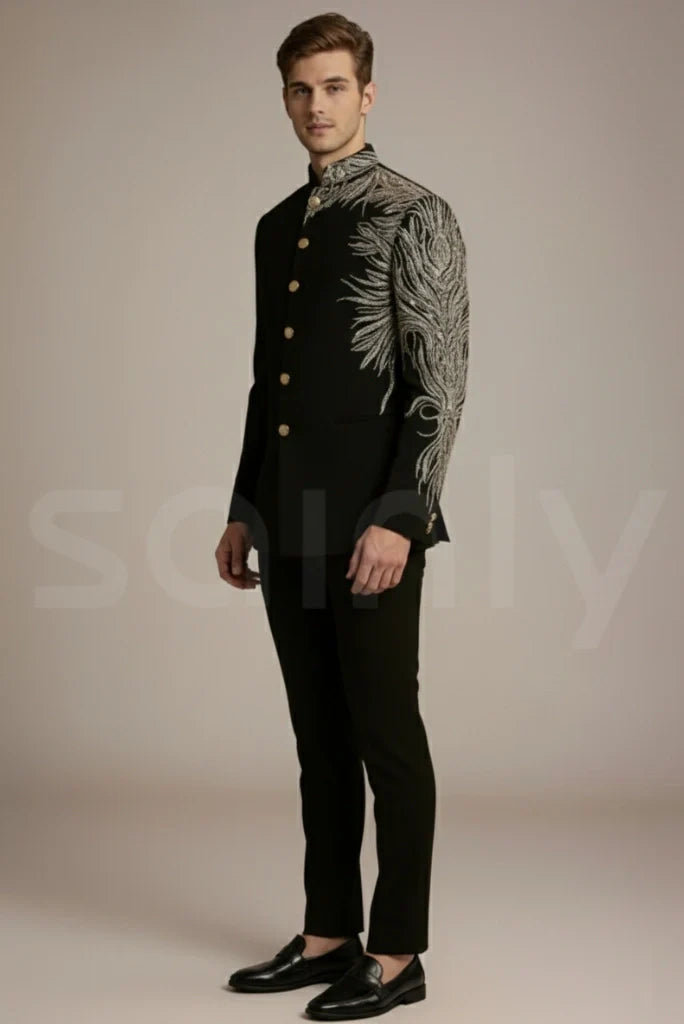 Men black suit for festive wear-side