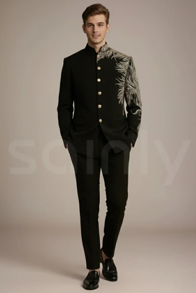 Black embroidery suit for wedding and ceremony