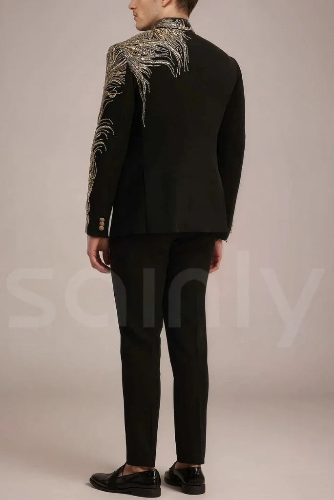 Men black embroidered traditional suit-back