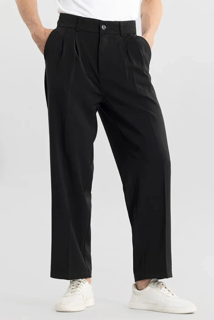 Men Black Front Pleated Trouser-Front