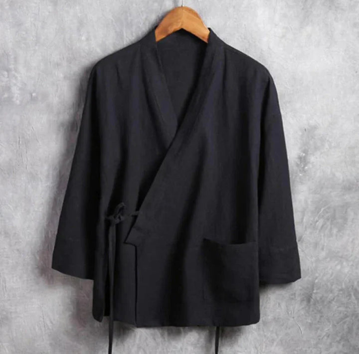 Men Black Linen Kimono Jacket-Front