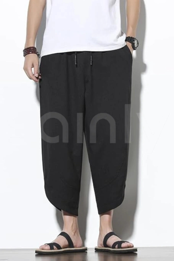 Casual black linen harem trouser for beach and holiday wear-front