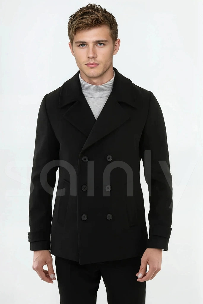Stylish men’s pea coat for business and travel winter fashion-Front