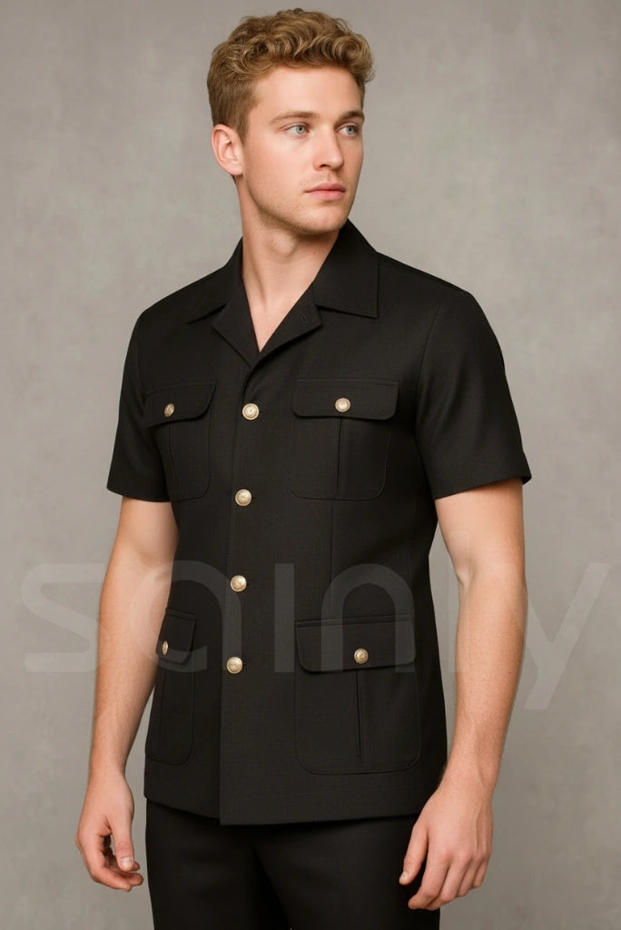 Men’s black safari suit with matching trousers-front