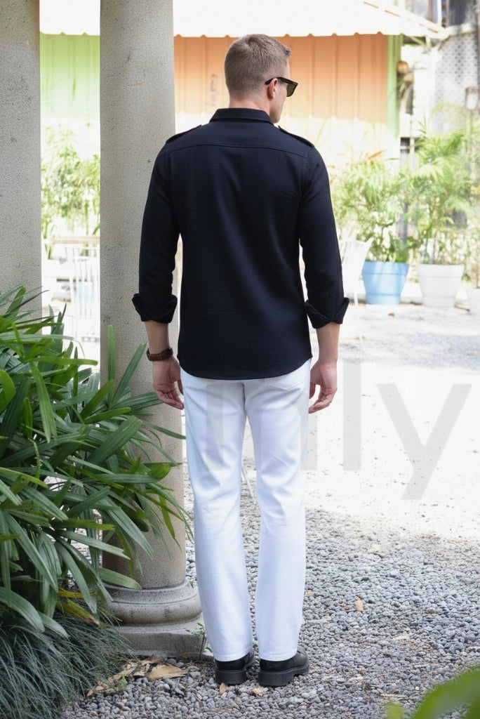 Black shacket with buttons, perfect for casual outings, office, and evening walks-back