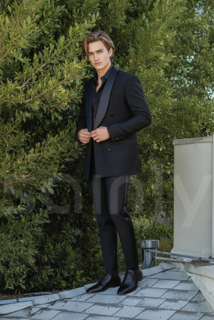 Royal men’s black shawl collar suit for engagement-side