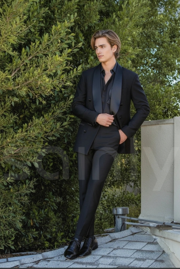 Designer black double breasted suit for cocktail party