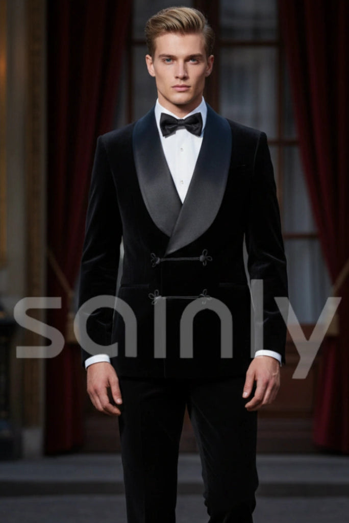 Men’s black velvet smoking jacket with frogging closure