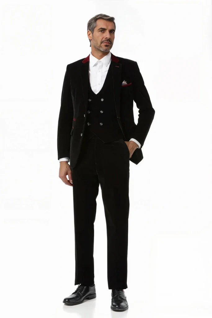 Men black velvet three piece suit-front