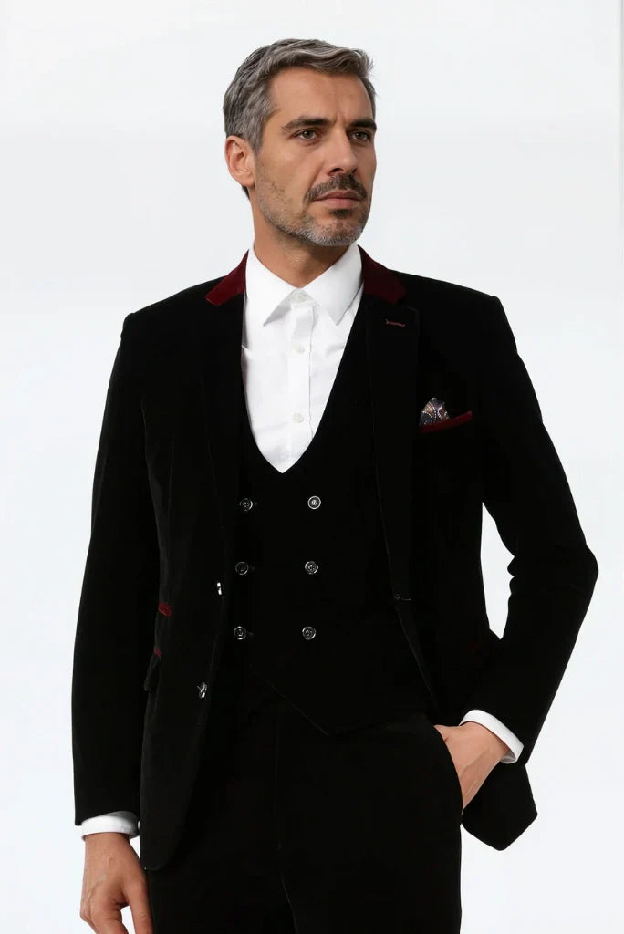 Black velvet three piece suit for men 