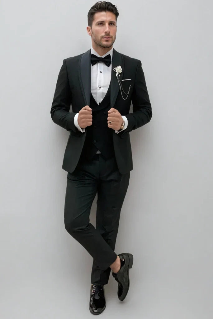 Men black three piece suit for wedding wear-front