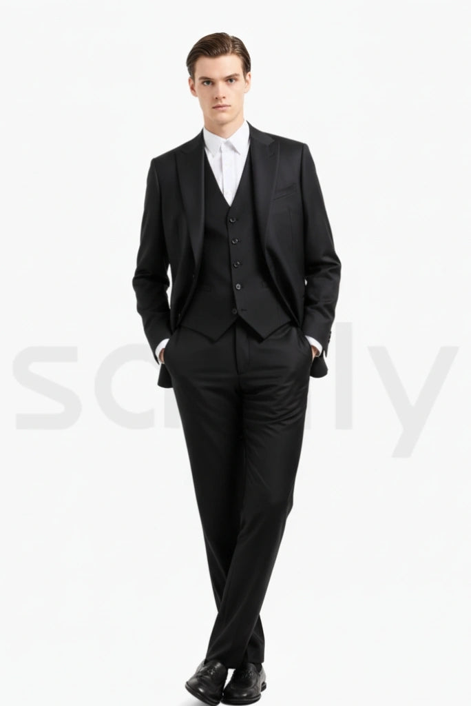 Men’s black three piece suit for wedding functions-Front