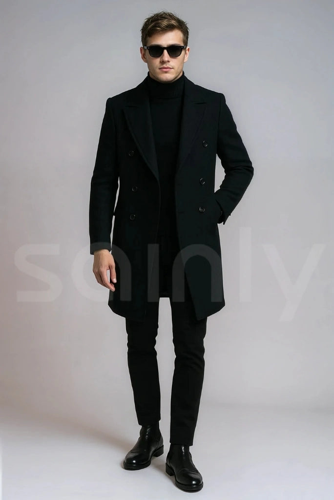 Designer men’s double breasted tweed overcoat for parties-Front