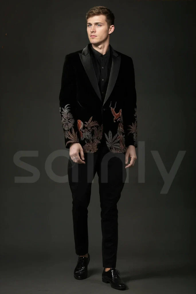 Men black two piece suit-front