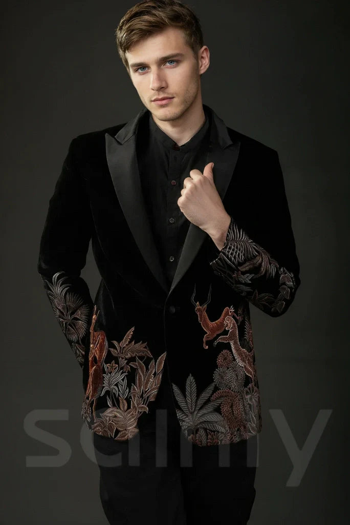 Men black embroidery suit