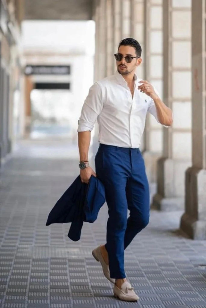 Men white shirt and blue pant set-Front