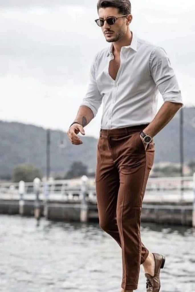 Elegant men’s brown trouser and white shirt-Side