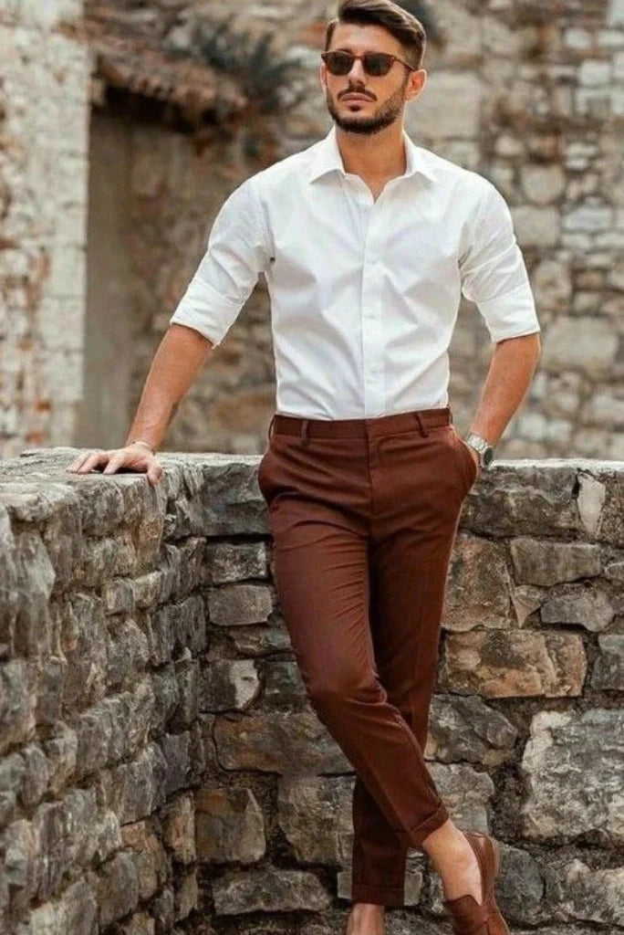Men white shirt with brown pant-Front