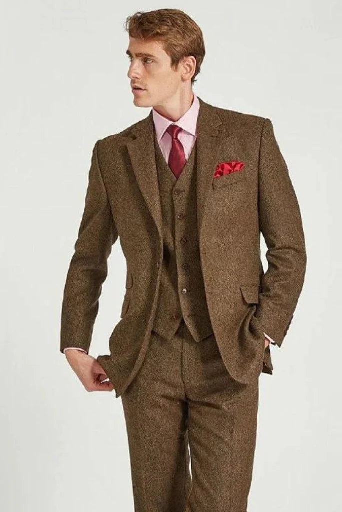 Men brown tweed 3-piece suit-Front