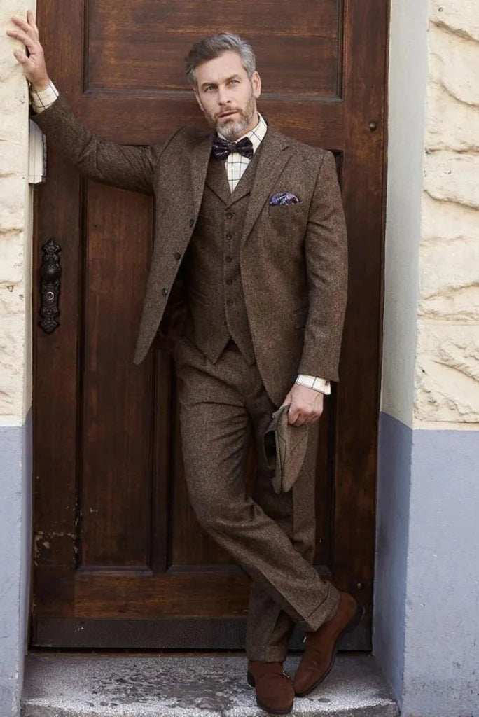Men Brown Tweed Three Piece Suit-Front
